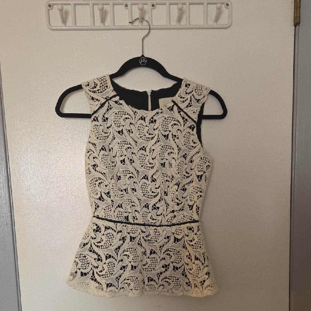 Maeve Cream Lace Peplum Top with Black Underlay